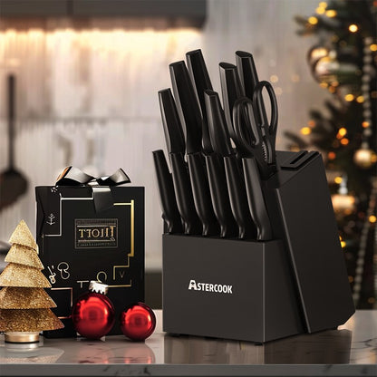 Conjunto de Facas de Cozinha Astercook com Bloco Amolador Embutido, Próprio para Lava-Louças, Conjunto de Bloco de Facas de Aço Inoxidável Alemão de 15 Peças