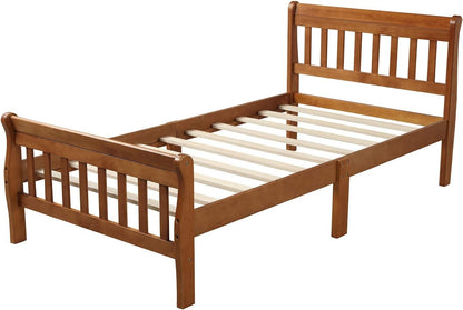 Cama de Trenó Moderna de Madeira Solteiro para Crianças, Estrutura de Cama Plataforma Solteiro com Cabeceira e Peseira, Suporte de Estrado de Madeira, Não Precisa de Box