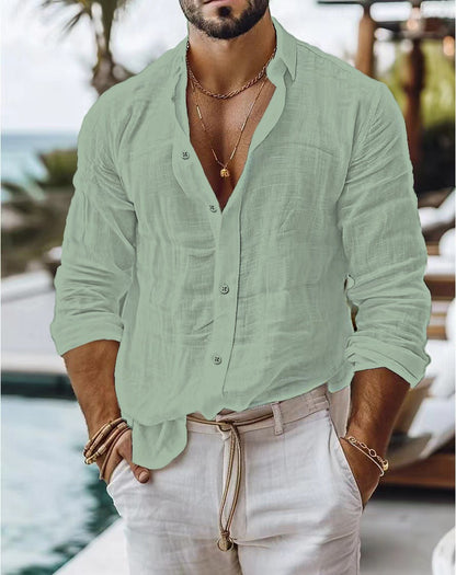 Men's Solid Color Cotton Linen Blend Breathable Sweat Absorbing Easy to Maintain Long Sleeved Shirt Business Casual Slim Fit