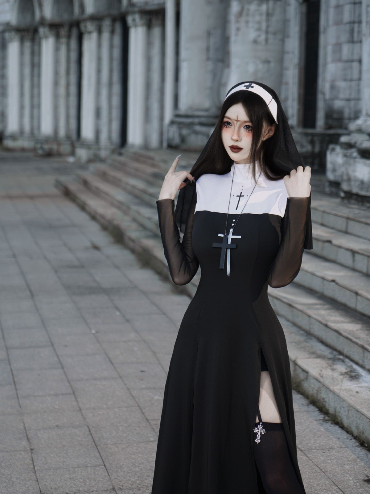 Sexy Nun Cosplay Costume Gothic Black Split Long Dress with Head Veil Halloween Carnival Party Fancy Dress for Women Nun