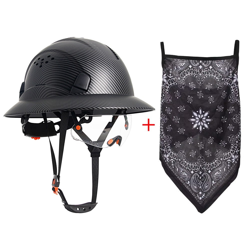 CE Carbon Fiber Full Brim Hard Hat w/ Built In Goggle Triangle Face Towel Construction Engineer  Safety Helmet ABS Safety Cap
