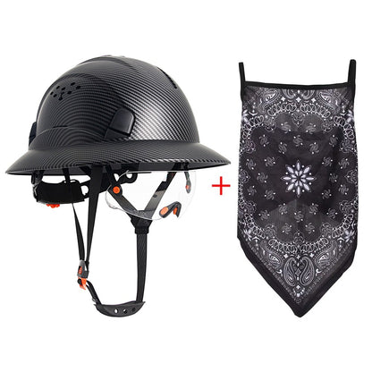 CE Carbon Fiber Full Brim Hard Hat w/ Built In Goggle Triangle Face Towel Construction Engineer  Safety Helmet ABS Safety Cap