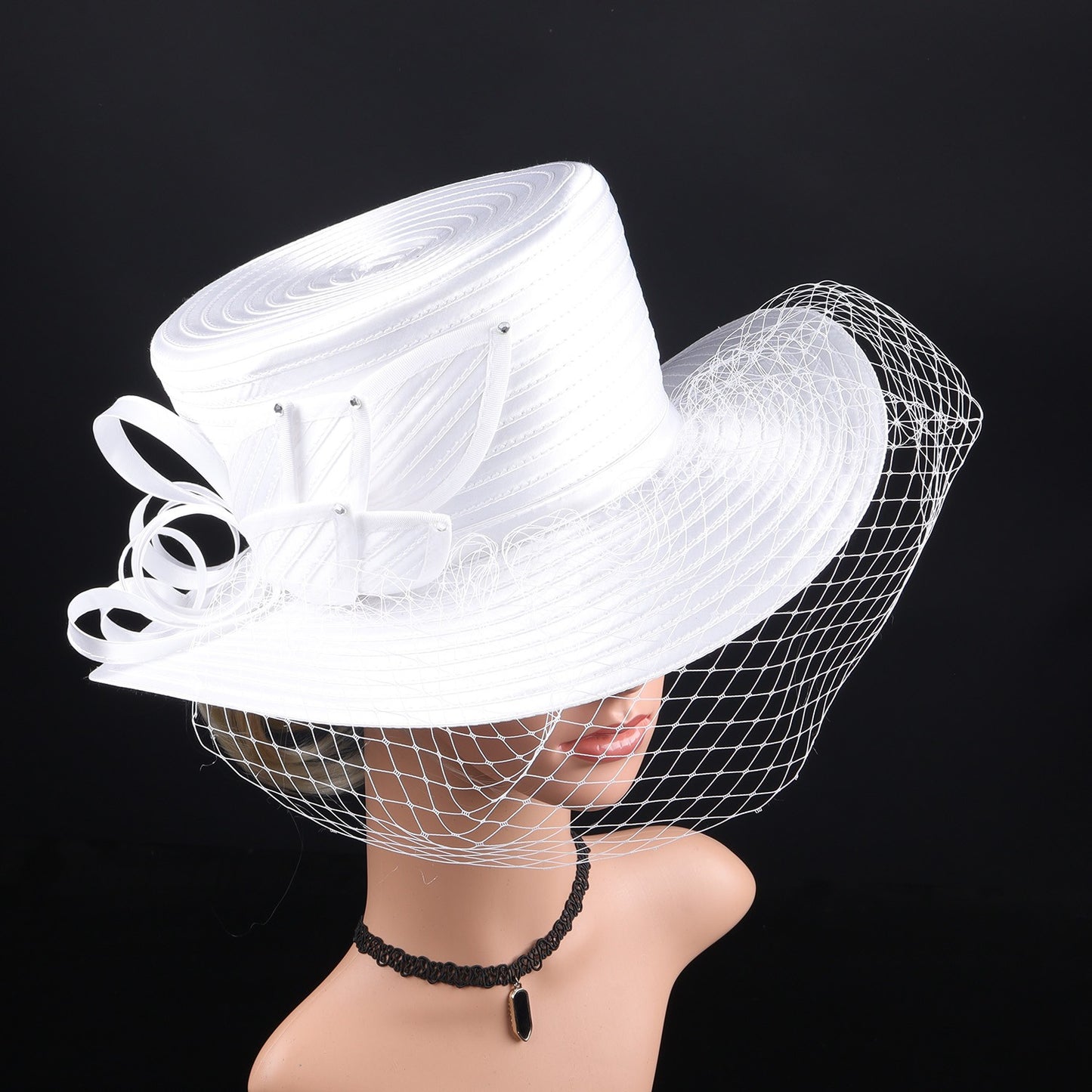 Deluxe New White Church Hat Party Banquet Satin Cloth Photography Hats Premium Chains Formal Hat Flower Top Cap For Women Ladies