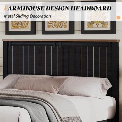 Armação de Cama Queen Size Estilo Fazenda com Porta de Celeiro Deslizante, Armação de Cama Plataforma Rústica de Madeira com Cabeceira Alta de 1,20m, Antirruído