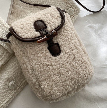 Fashion Winter Lambswool Phone Bag Sweet Lovely Portable Women Wallets Square Purse Faux Fur Plush Shoulder Bags Purses Handbags