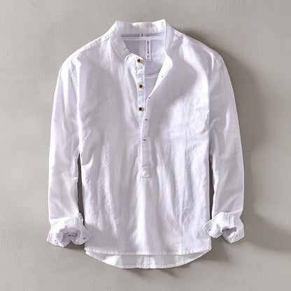 2024 Men's Linen Long-sleeved Shirt with Stand Collar, Youth Casual Loose Men's Cotton and Linen White Shirt.Beach Vacation Top