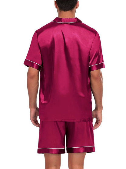 Men's Luxury Satin Pajama Set Short Sleeve Lapel Front Buttons Top And Elastic Shorts Comfortable Fit Loungewear Sleepwear Pjs