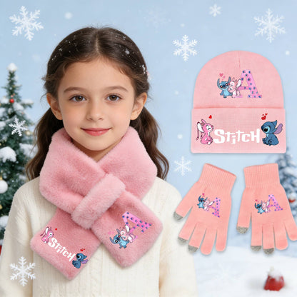 Disney Anime Stitch 3Pcs Conjunto Infantil Menina Quente Malha Chapéu Cachecol Luvas Stitch Letra A-Z Inverno Casual Moda Presente de Aniversário Infantil
