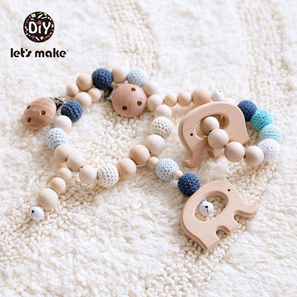 Let's Make Wood Teether Baby Bed Hanging Rattles Toy Make Noise Bird Elephant Shape Crochet Beads Bracelet Pram Clip Baby Rattle