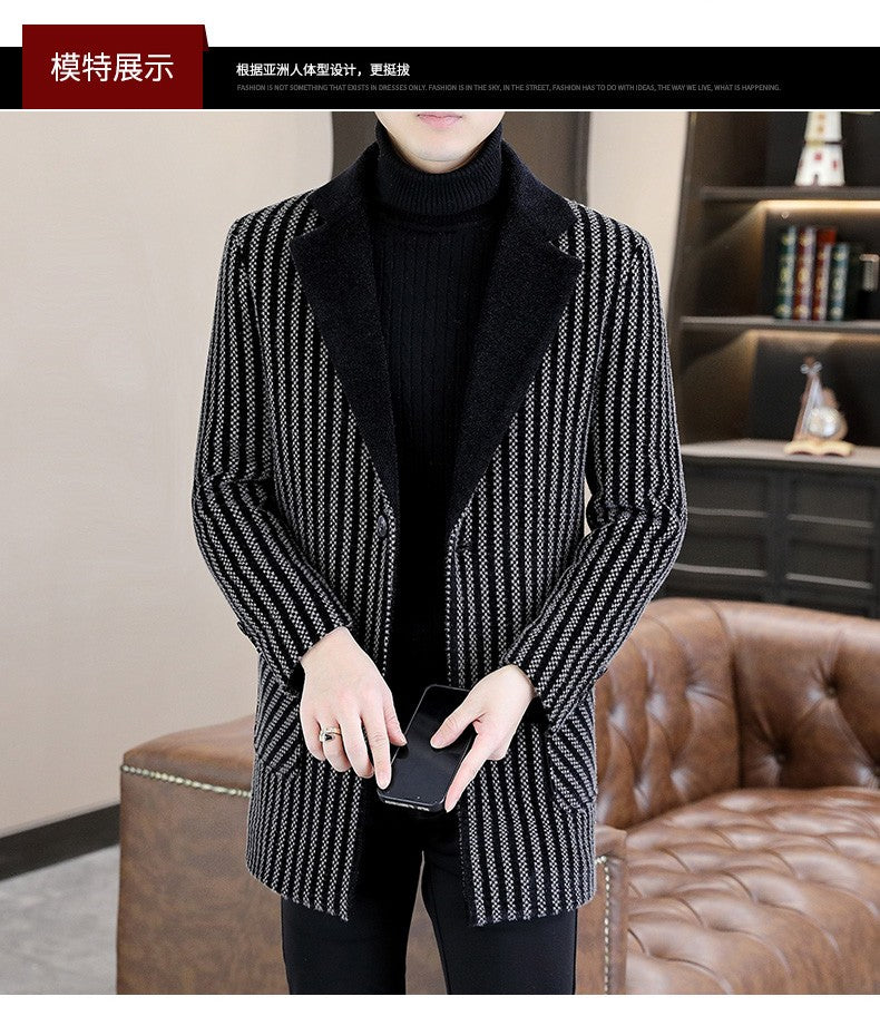 Classic Autumn Winter Men's Mid-Length Woolen Coats Casual Striped Overcoat Outwear Windbreaker Business Warm Long Jackets