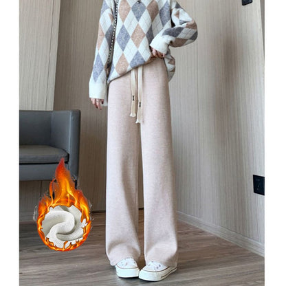 Winter Lady High Waisted Fleece Pants Girls Warm Thermal Straight Leg Trousers Female Classic Solid Drawstring Pants