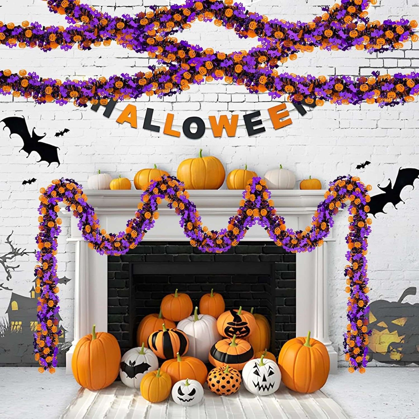 Halloween Tinsel Garland 2M Purple Tinsel Garland with Pumpkin Bat, Halloween Decoration for Indoor Outdoor Garden Party Porch