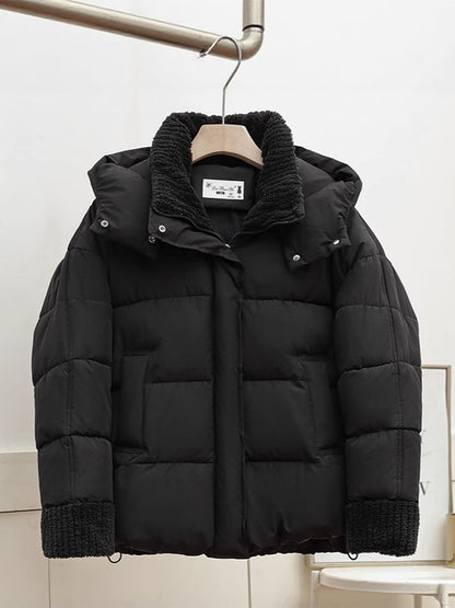 Lambswool Patchwork Thick Women Winter Coat 2025 New Fashion Hooded Puffer Jackets Cotton Padded Short Parkas