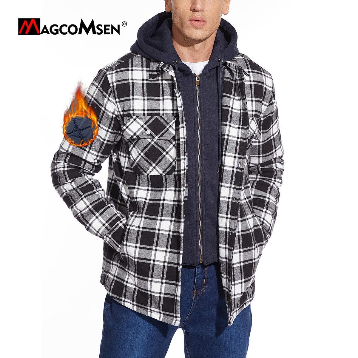 MAGCOMSEN Men's Flannel Jacket with Removable Hood 5 Pockets Plaid Quilted Lined Winter Coats Thick Hoodie Outwear Fleece Jacket