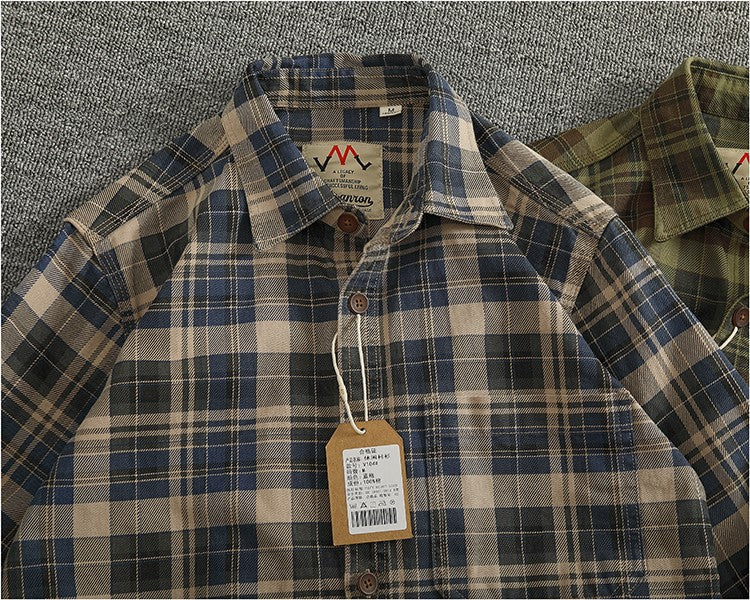 2024 Spring and Autumn New American Retro Woven Plaid Cargo Shirt Men's Simple 100% Cotton Washed Single Pocket Thin Jacket