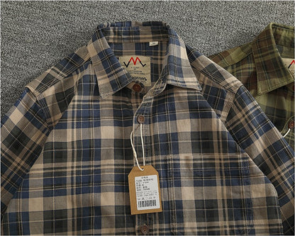 2024 Spring and Autumn New American Retro Woven Plaid Cargo Shirt Men's Simple 100% Cotton Washed Single Pocket Thin Jacket