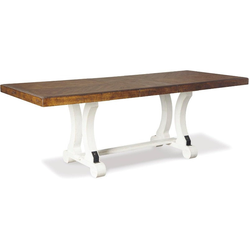 Valebeck Farmhouse Extension Dining Table, Fits 8 People Rectangular, White Brown Finish