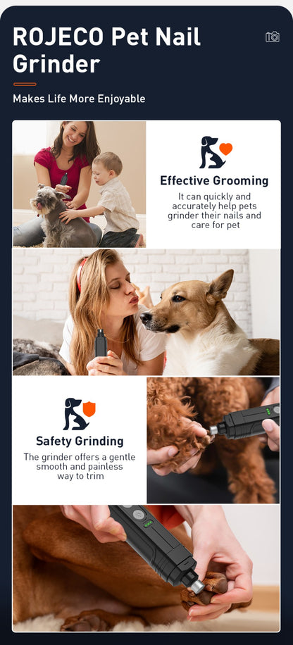 ROJECO P3 Lixador de Unhas Elétrico para Pets Aparador de Unhas de Cachorro com 2 Luzes LED Recarregável Ferramentas para Aparar Unhas de Gato