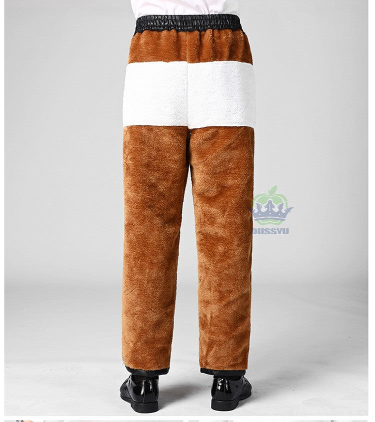 OUSSYU Brand High Quality Winter Outdoors Fleece Warm Pants Men Zippered Pocket Business Straight Flocking PU Trousers Plus Size