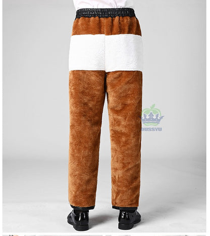 OUSSYU Brand High Quality Winter Outdoors Fleece Warm Pants Men Zippered Pocket Business Straight Flocking PU Trousers Plus Size