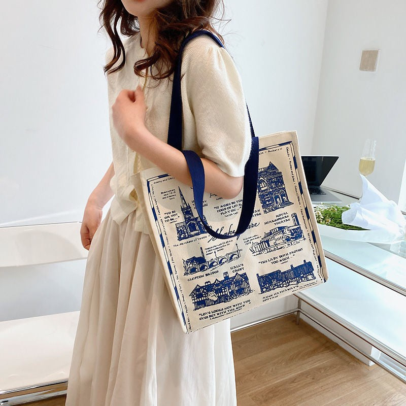 Canvas Women Handbags Shoulder Underarm Bag London Books Print Handbag Large Capacity Ladies Shopping Tote Bag Student Book Bags