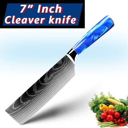 Faca de Cozinha Japonesa Chef 1-10 Peças Conjunto 7CR17 Aço Inoxidável 440C Desenho Damasco Cutelo de Carne Fatiador Santoku Ferramentas de Cozinha