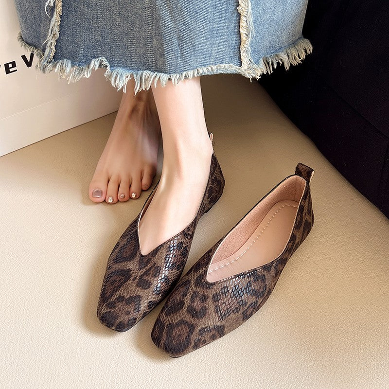 Big Size 35-43Snake Pattern Leather Woman Square Toe Shallow Ballet Flats Wowen Ballerinas Daily Slip on Loafers Mocasines Mujer