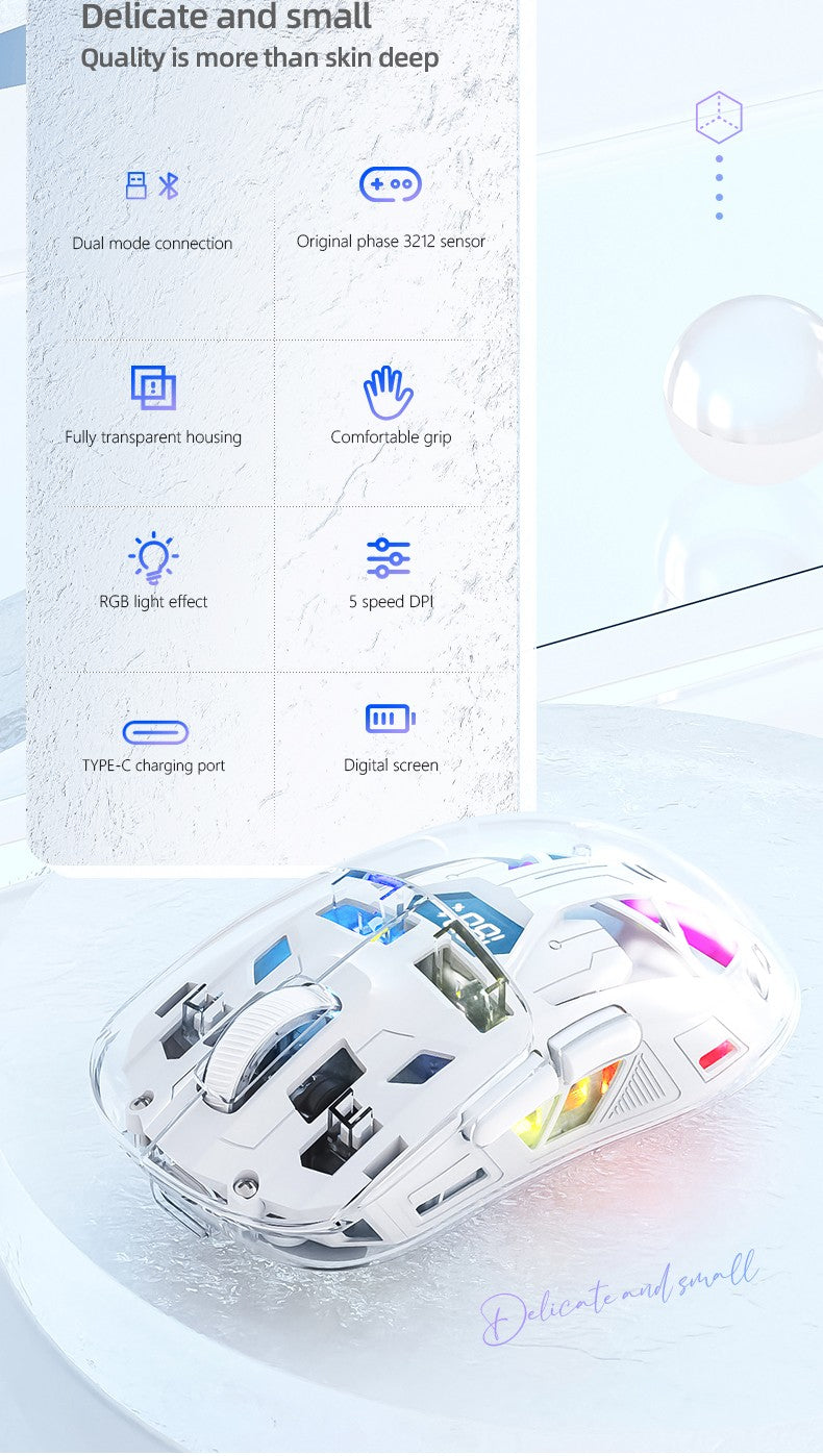 Mouse Bluetooth A2 com tela digital transparente RGB, conexão sem fio de modo duplo, compatível com Win/Mac