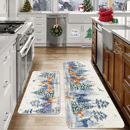 VIKAMA 2-Piece Christmas Festival Rug Set Kitchen Mat Combo, Entrance Hall Doormat Stain-Resistant and Easy-Care Home Decor