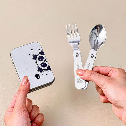 WORTHBUY 3Pcs/Set Portable Foldable Dinnerware Set 304 Stainless Steel Folding Fork Spoon With Cutlery Box Cute Picnic Tableware