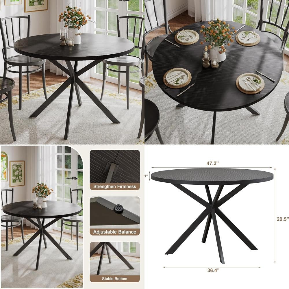 47.2 Inch Round Farmhouse Dining Table, Wooden Kitchen Table for 4, Black Circle Table for Dining Room