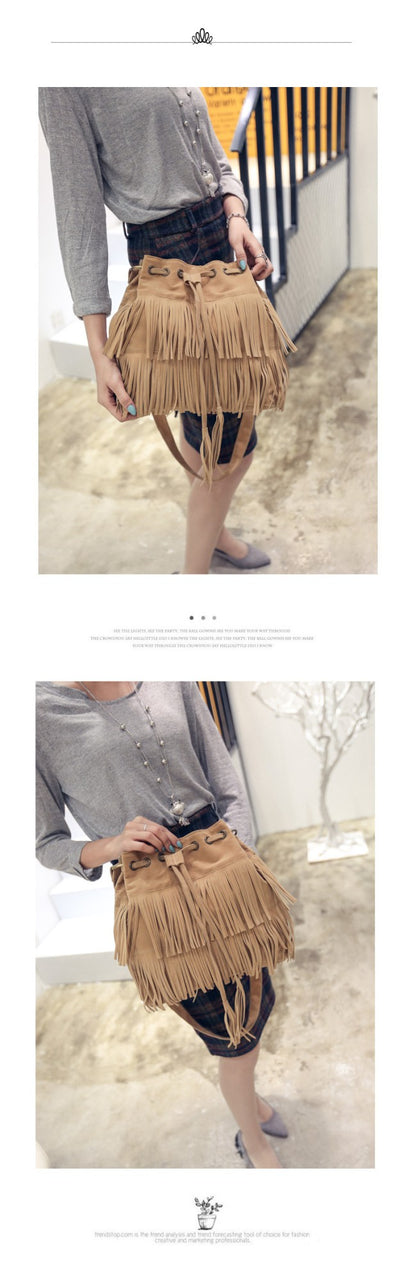 Fashion Retro Faux Suede Fringe Women Messenger Bags Tote New Handbag Tassel Shoulder Handbags Crossbody Bag Tassel Bucket