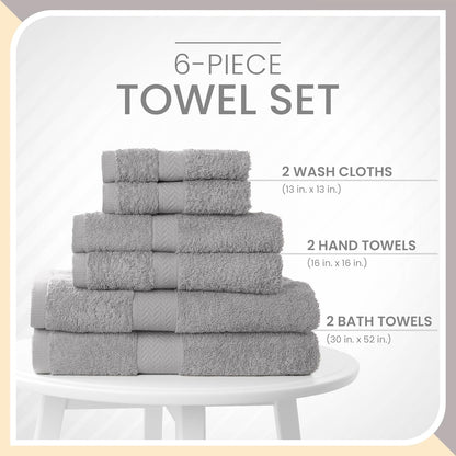 6-Piece Quick Dry Cotton Towel Set | Super Absorbent & Soft | 2 Bath, 2 Hand, 2 Wash Cloths in Silver