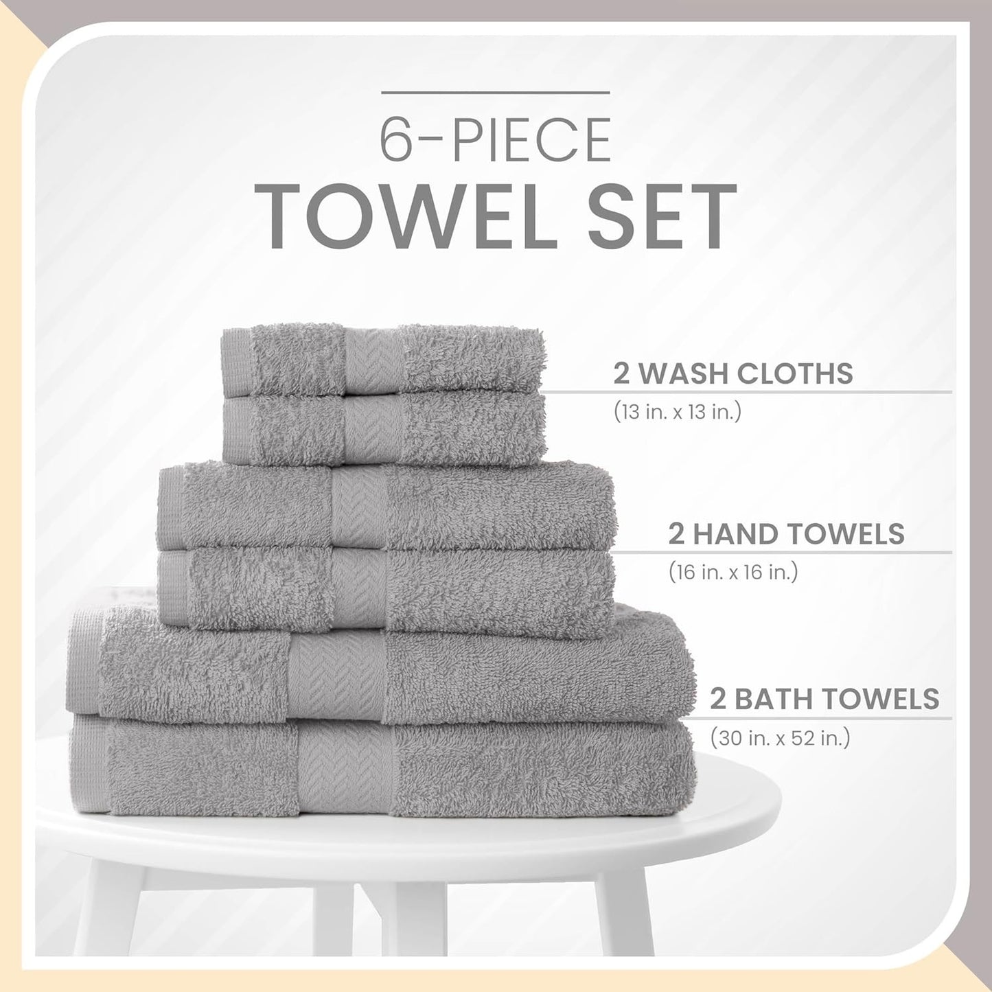 6-Piece Quick Dry Cotton Towel Set | Super Absorbent & Soft | 2 Bath, 2 Hand, 2 Wash Cloths in Silver