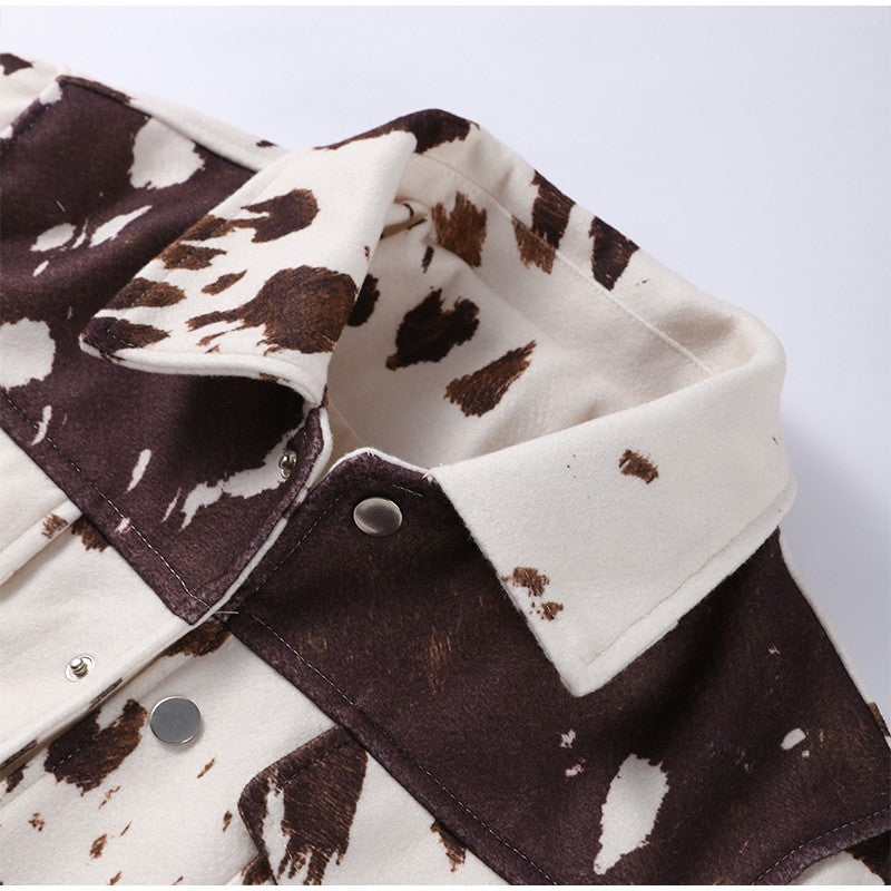 Fashion Women's Cow Print Jacket Lapel Collar Short Length Zipper Button Coats 2025 Autumn Winter Female Trendy Warm Outerwear