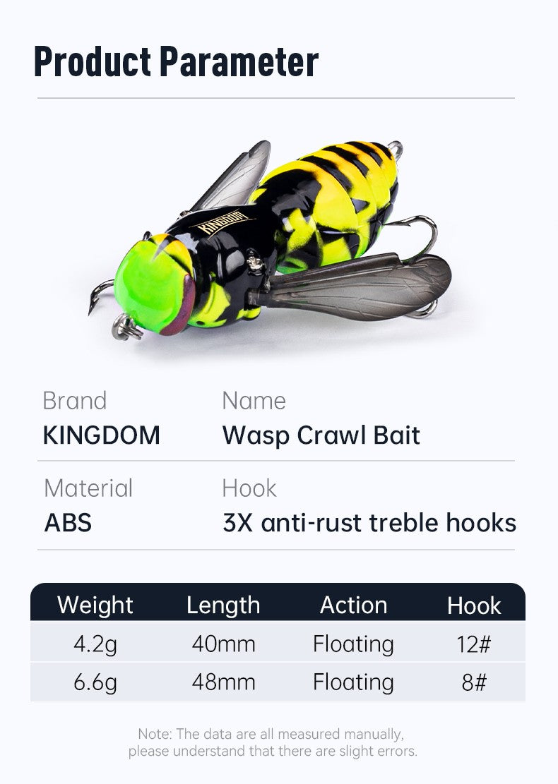 Kingdom Wasp Crawl Bait 4.2g 40mm 6.6g 48mm Iscas flutuantes biônicas de inseto artificiais de superfície para pesca de robalo, carpa e lúcio