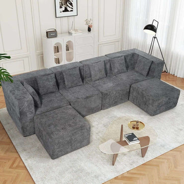 Cloud Modular Sectional Couch 4 Seater Convertible Chenille Sofa Set with Ottoman 130 Inch Living Room Furniture
