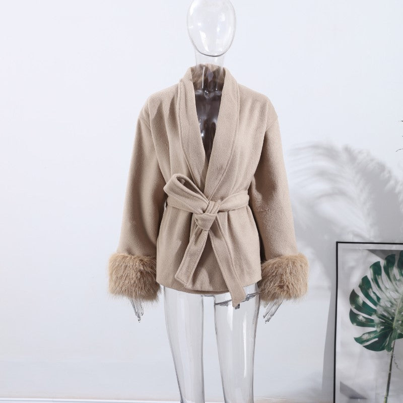2025 Chic Lapel Plush Coat With Belt Women Vintage Solid Faux Fur Sleeve Tweed Open Coats Female Autumn Casual Street Outwear