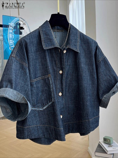 ZANZEA Denim Cardigan Shirts Women Elegant Office Blusas Casual Lapel Neck Outwears 2025 Half Sleeve Solid Color Fashion Tunic