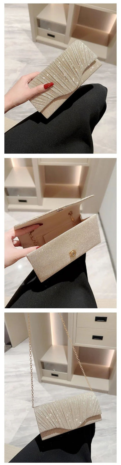 Glitter Ladies Silver Clutch Bag Envelope Evening Bag Fashion Elegant Long Purse Women Chain Shoulder Bags Wedding Party Handbag