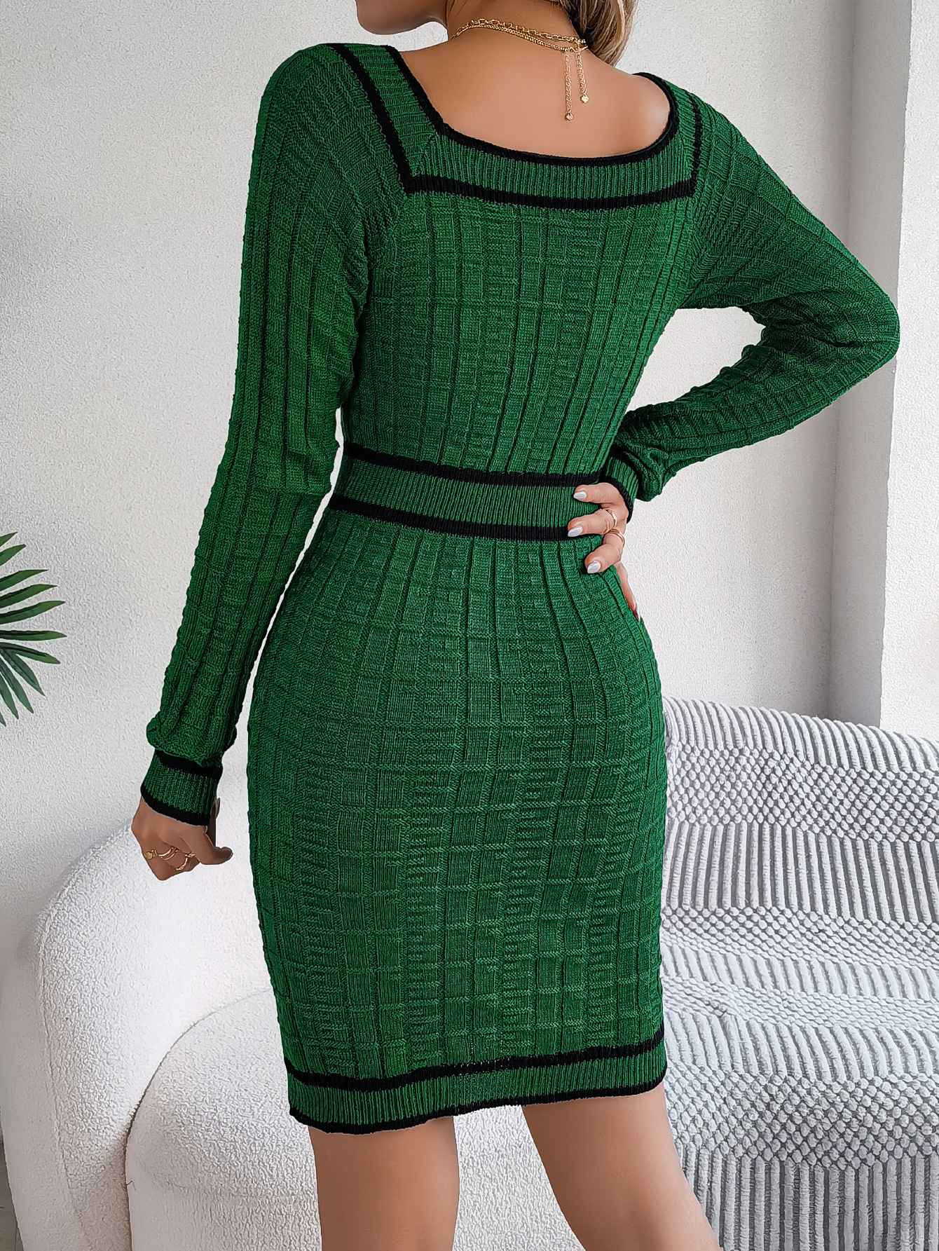 VigoCasey 2025 Women Blue Bodycon Knit Dress Autumn Winter Casual Long Sleeve Dress Lady Casual Square Neck Knitted Dresses