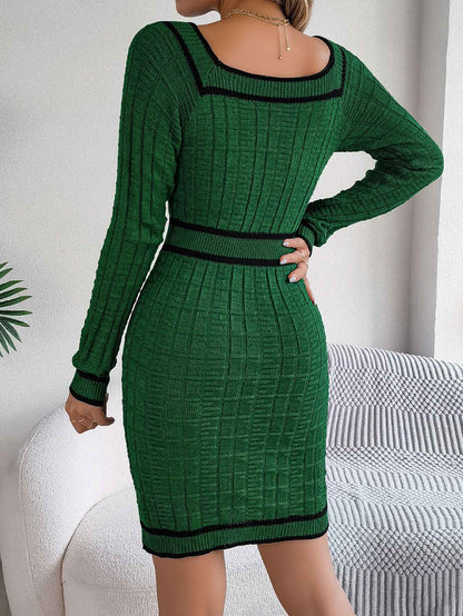 VigoCasey 2025 Women Blue Bodycon Knit Dress Autumn Winter Casual Long Sleeve Dress Lady Casual Square Neck Knitted Dresses