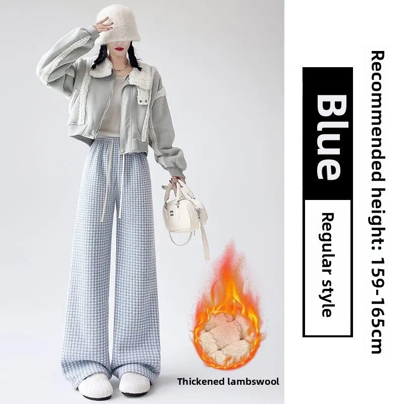 High Waist Wide Leg Pants Women's Autumn Winter New Style Lazy Casual Fleece Woolen Plaid Trousers Fashionable Comfortable
