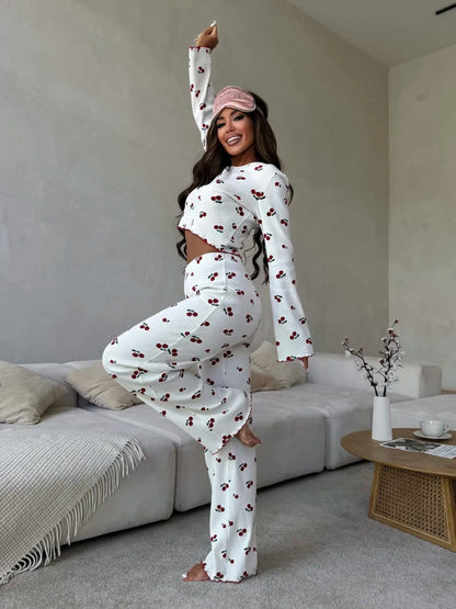 Lace Trim Women Pajama Set Short Sleeve Front Button Top & Full-Length Pants Cherry Print 2 Pieces Sleepwear Nightwear Homewear