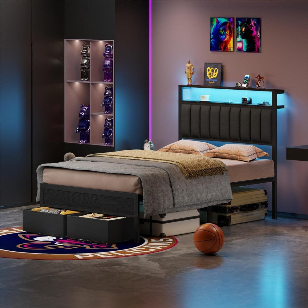 Bed Frame Charging Station and LED Lights,Grey Upholstered Headboard with Shelves,Metal Platform Bed with 2 Under-Bed Storage