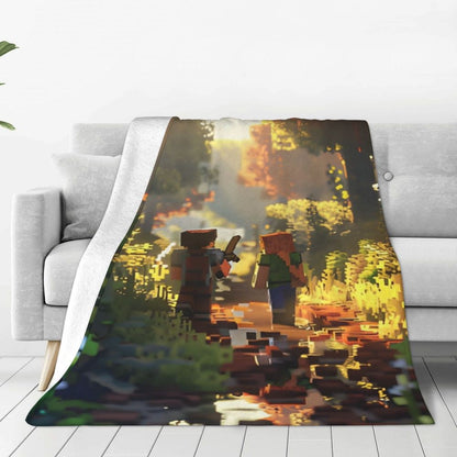 Cartoon Mines Pixel Game Crafts Flannel Blanket Super Warm Throw Blanket for Home Decor Decorative Street Trend Bedspread