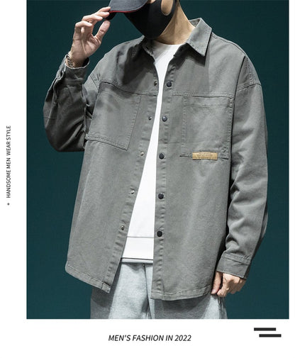 Autumn Men's Long Sleeve Cargo Shirt Casual Korean Fashion Oversize Blouses Hombre 2025 New High Street Y2K T Shirt Baggy Jacket