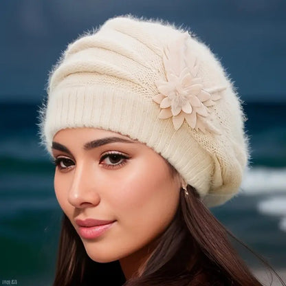 Women's Winter Flower Decorated Hat - Warm Knitted Wool Beanie with Floral Design, Soft Breathable Natural Material for Mom