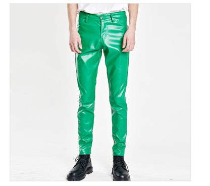 New Men Solid Color Slim Fit Faux Leather Pants Green / White / Black Homme Bar KTV High Street Biker Trousers