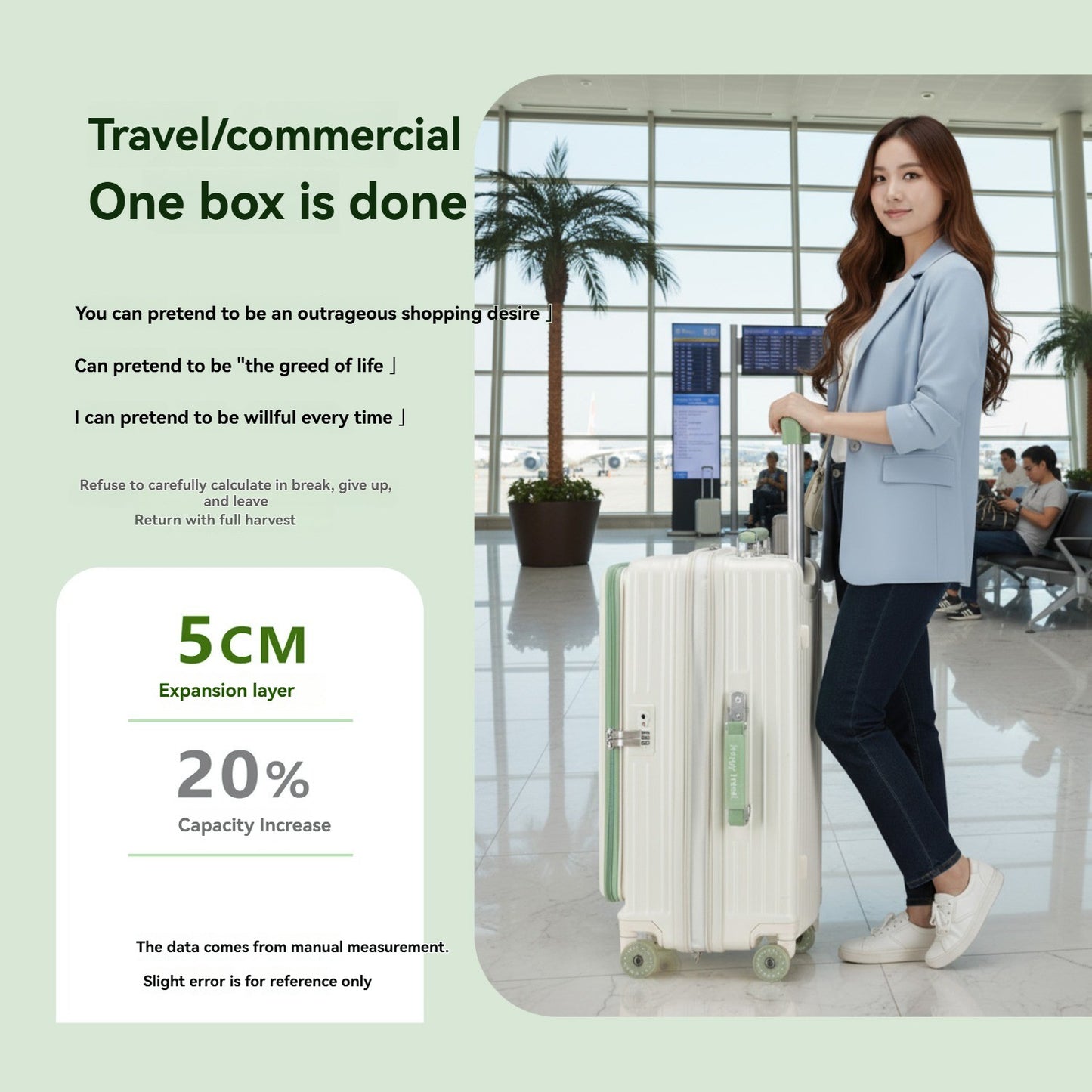 1-Piece Set of Front-Opening Suitcase with Jelly Wheels, Trolley Case with 5cm Expansion Layer, Leather Handle, Luggage with Phone Holder, Foldable Cup Holder, Side Hook Function, Customs Lock, Suitable for Outdoor Beach Vacations and Long-Distance Travel